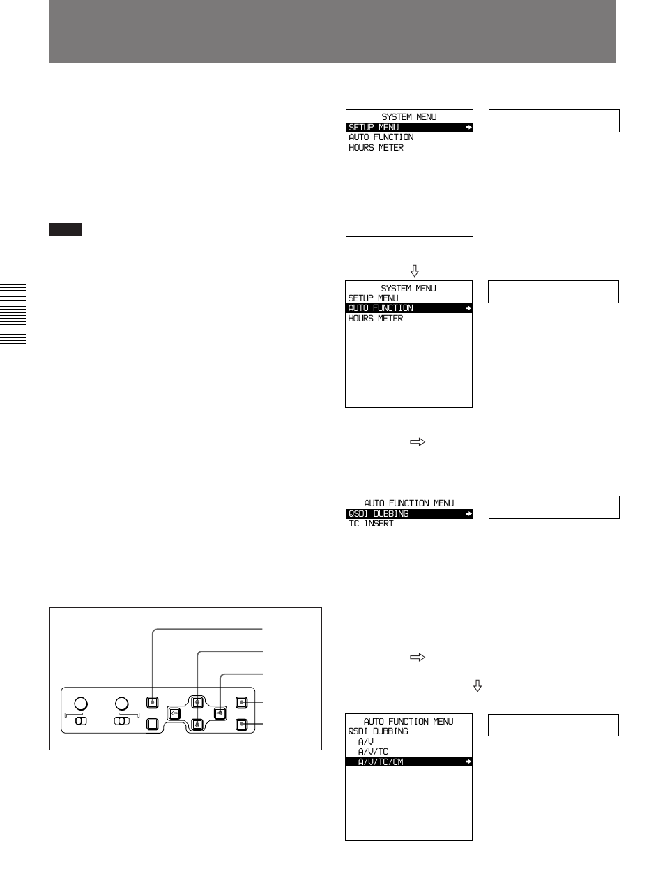 Setup menu, Auto func, Qsdi dub | A/v/tc/cm | Sony DSR-85 User Manual | Page 38 / 88