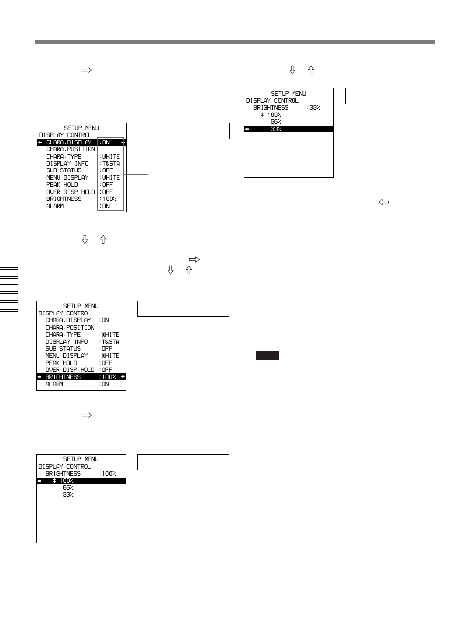 Changing menu settings, Chara disp, Brightness | Sony DSR-85 User Manual | Page 52 / 88