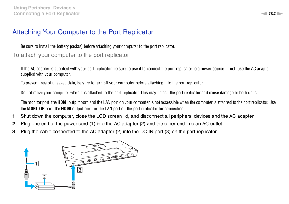 Attaching your computer to the port replicator | Sony VPCSA Series User Manual | Page 104 / 210