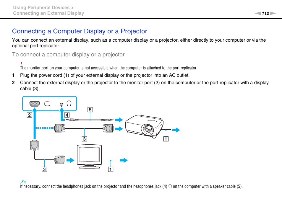 Connecting a computer display or a projector | Sony VPCSA Series User Manual | Page 112 / 210