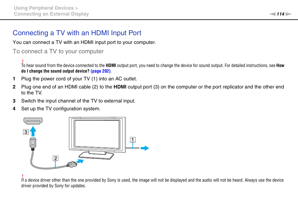 Connecting a tv with an hdmi input port | Sony VPCSA Series User Manual | Page 114 / 210