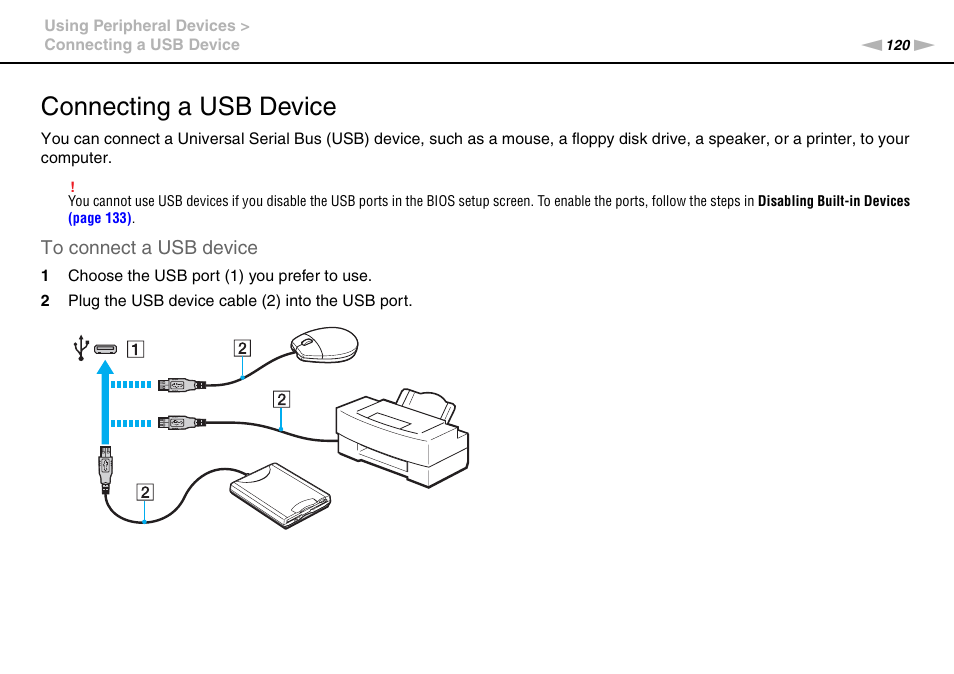 Connecting a usb device | Sony VPCSA Series User Manual | Page 120 / 210