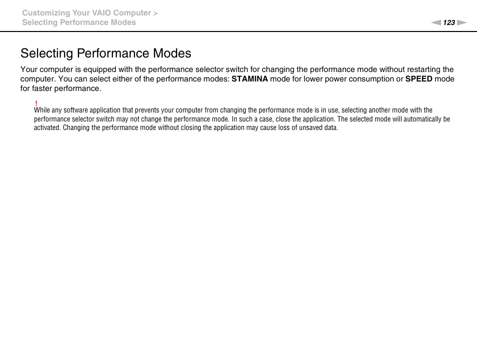 Selecting performance modes | Sony VPCSA Series User Manual | Page 123 / 210