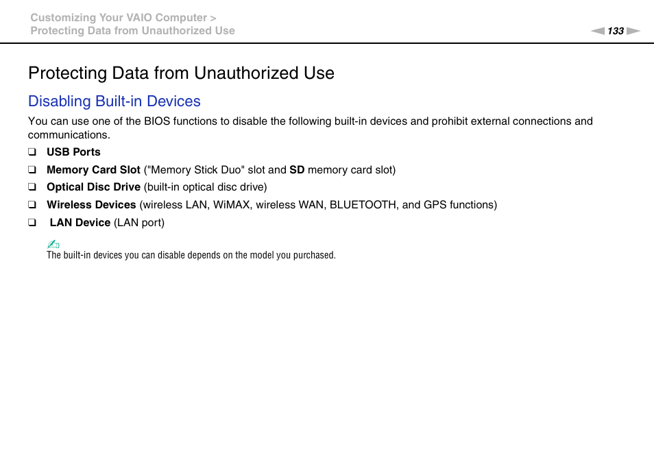 Protecting data from unauthorized use, Disabling built-in devices | Sony VPCSA Series User Manual | Page 133 / 210