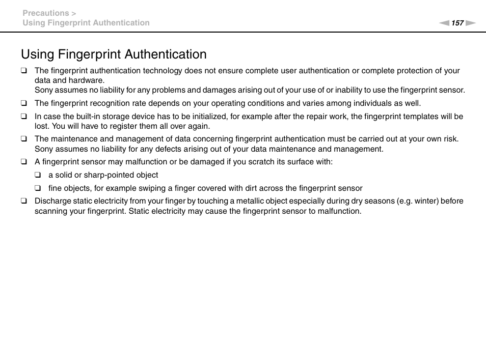 Using fingerprint authentication, Tion | Sony VPCSA Series User Manual | Page 157 / 210