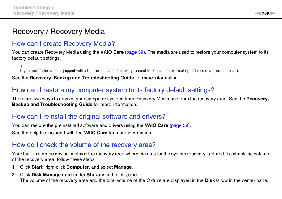 Recovery / recovery media, How can i create recovery media, How do i check the volume of the recovery area | Sony VPCSA Series User Manual | Page 168 / 210