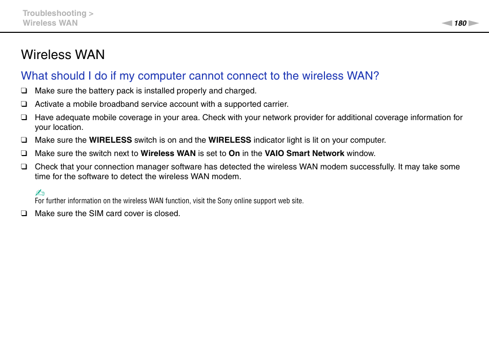 Wireless wan | Sony VPCSA Series User Manual | Page 180 / 210