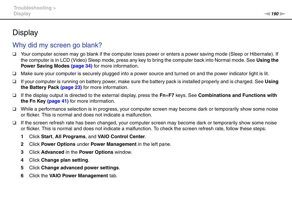 Display, Why did my screen go blank | Sony VPCSA Series User Manual | Page 190 / 210