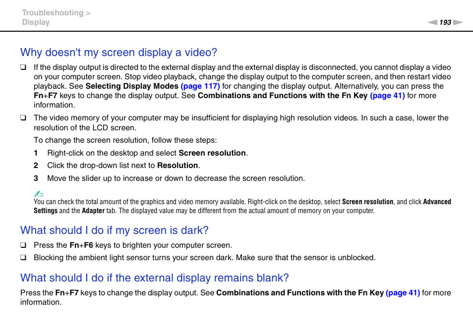 Why doesn't my screen display a video, What should i do if my screen is dark | Sony VPCSA Series User Manual | Page 193 / 210