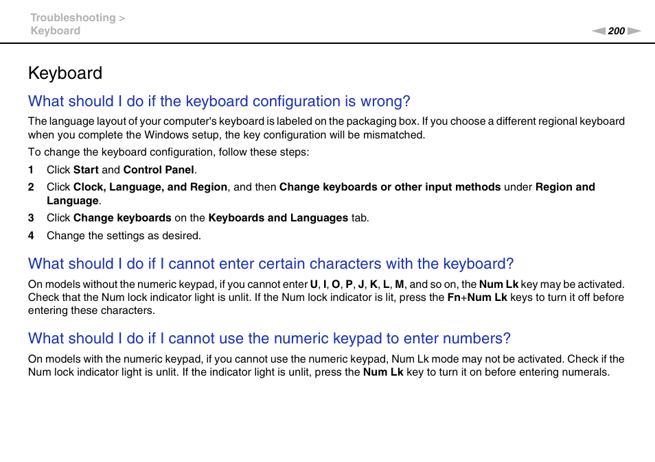 Keyboard | Sony VPCSA Series User Manual | Page 200 / 210