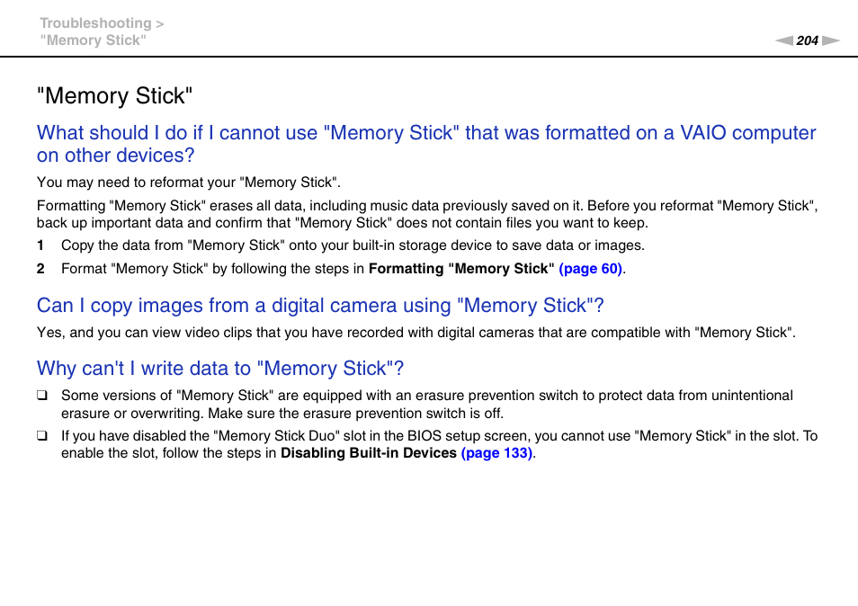 Memory stick | Sony VPCSA Series User Manual | Page 204 / 210