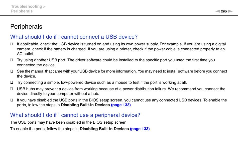 Peripherals, What should i do if i cannot connect a usb device | Sony VPCSA Series User Manual | Page 205 / 210