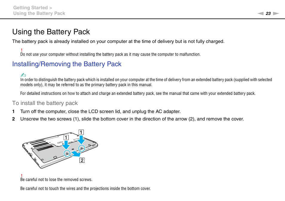 Using the battery pack, Installing/removing the battery pack | Sony VPCSA Series User Manual | Page 23 / 210