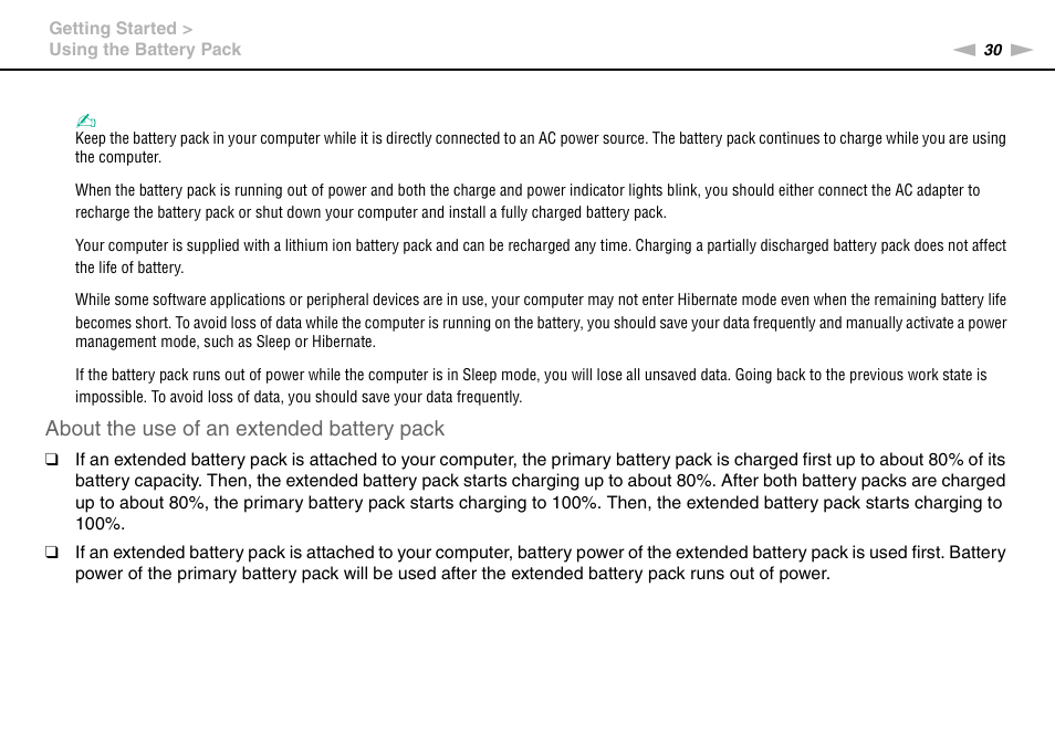 About the use of an extended battery pack | Sony VPCSA Series User Manual | Page 30 / 210