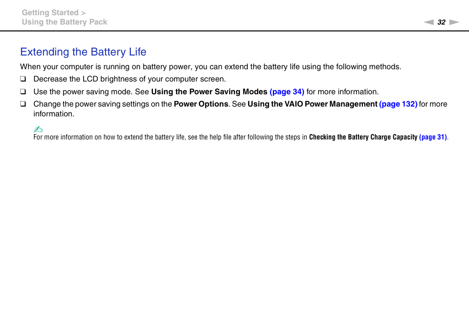 Extending the battery life | Sony VPCSA Series User Manual | Page 32 / 210