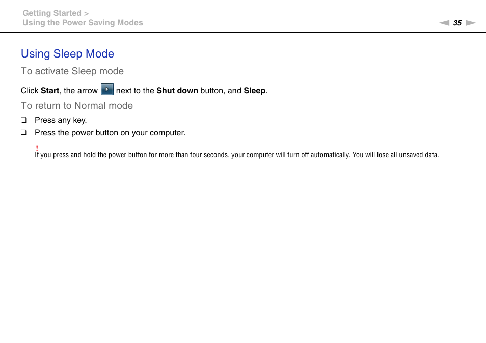 Using sleep mode | Sony VPCSA Series User Manual | Page 35 / 210