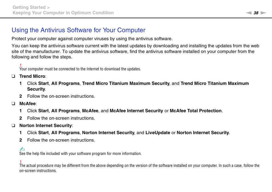 Using the antivirus software for your computer | Sony VPCSA Series User Manual | Page 38 / 210