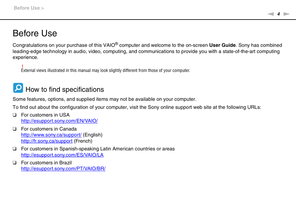 Before use, How to find specifications | Sony VPCSA Series User Manual | Page 4 / 210