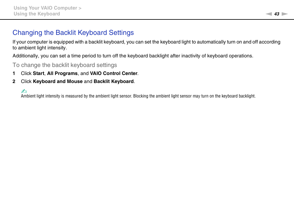 Changing the backlit keyboard settings | Sony VPCSA Series User Manual | Page 43 / 210