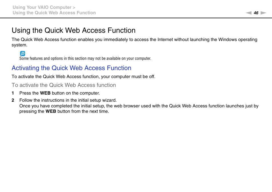 Using the quick web access function, Activating the quick web access function | Sony VPCSA Series User Manual | Page 46 / 210