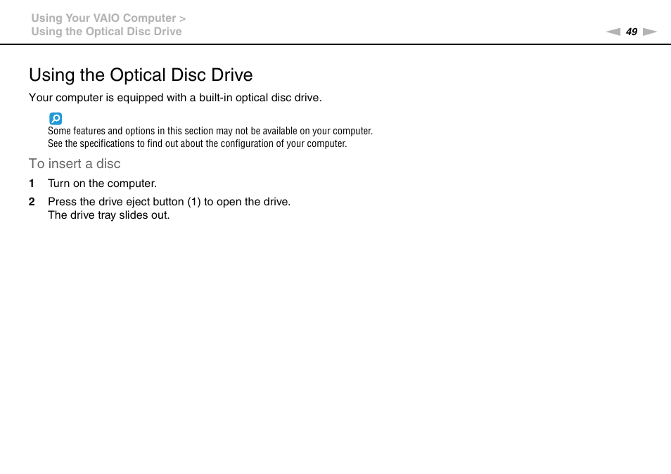 Using the optical disc drive | Sony VPCSA Series User Manual | Page 49 / 210