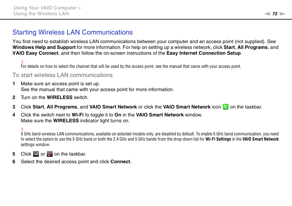 Starting wireless lan communications | Sony VPCSA Series User Manual | Page 72 / 210