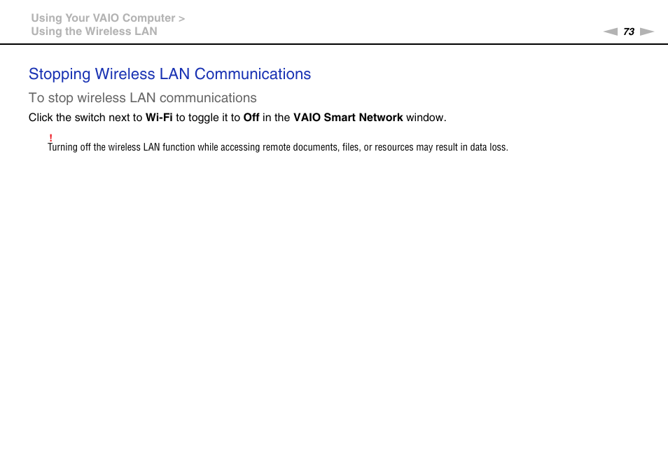 Stopping wireless lan communications | Sony VPCSA Series User Manual | Page 73 / 210