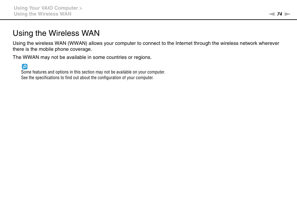 Using the wireless wan | Sony VPCSA Series User Manual | Page 74 / 210