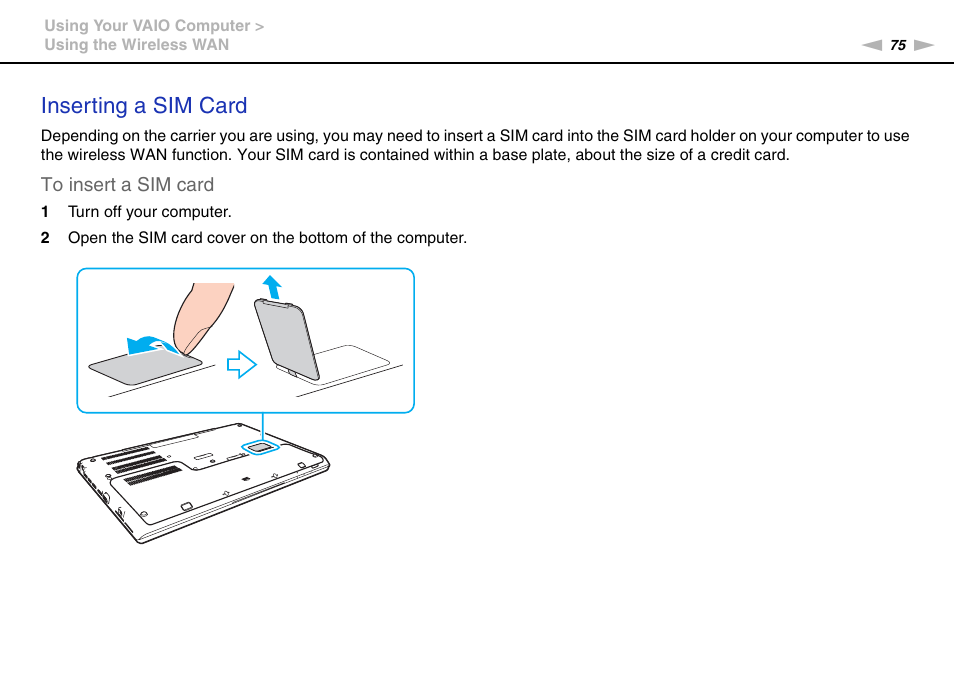 Inserting a sim card | Sony VPCSA Series User Manual | Page 75 / 210