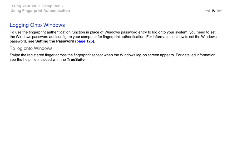 Logging onto windows | Sony VPCSA Series User Manual | Page 91 / 210