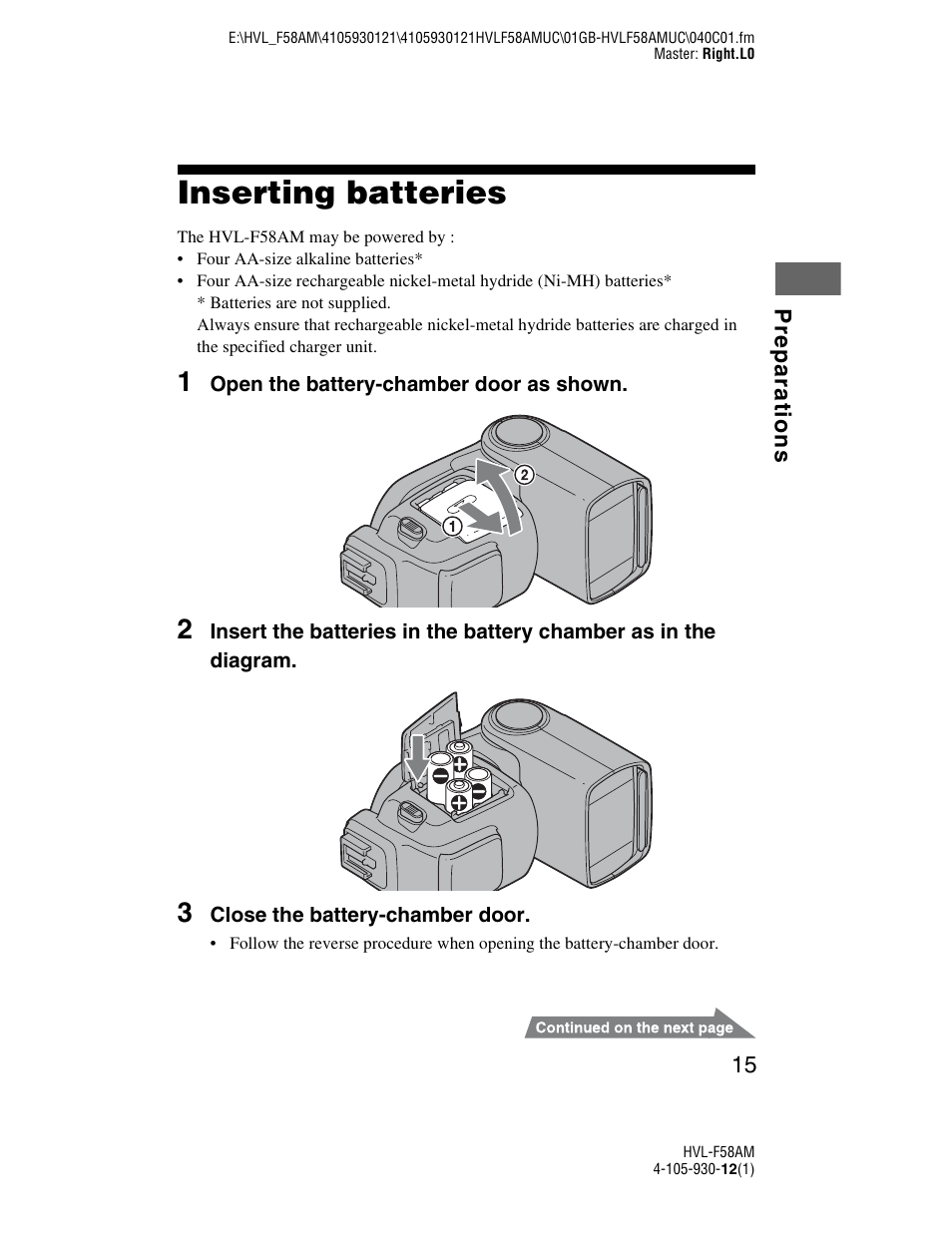 Preparations, Inserting batteries | Sony 4-105-930-12(1) User Manual | Page 15 / 88