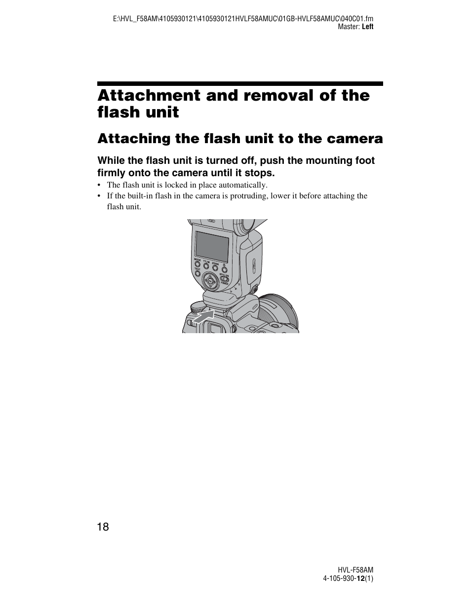 Attachment and removal of the flash unit, Attaching the flash unit to the camera | Sony 4-105-930-12(1) User Manual | Page 18 / 88