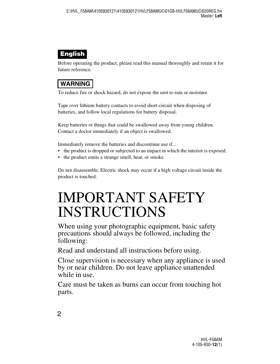 Important safety instructions | Sony 4-105-930-12(1) User Manual | Page 2 / 88