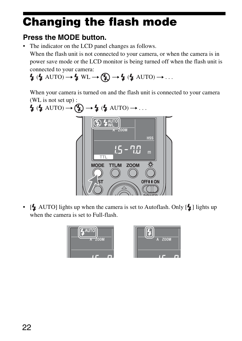 Changing the flash mode | Sony 4-105-930-12(1) User Manual | Page 22 / 88