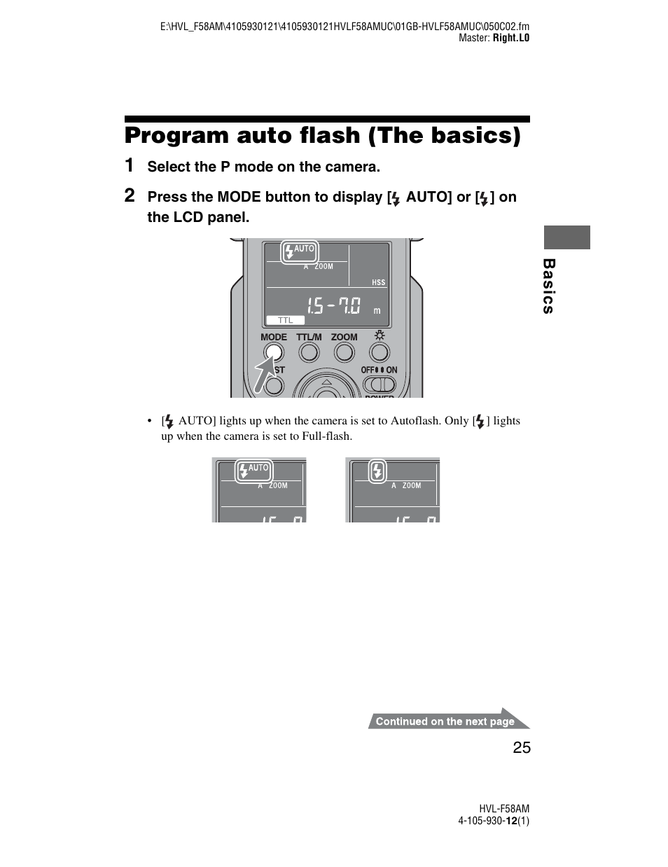 Basics, Program auto flash (the basics) | Sony 4-105-930-12(1) User Manual | Page 25 / 88