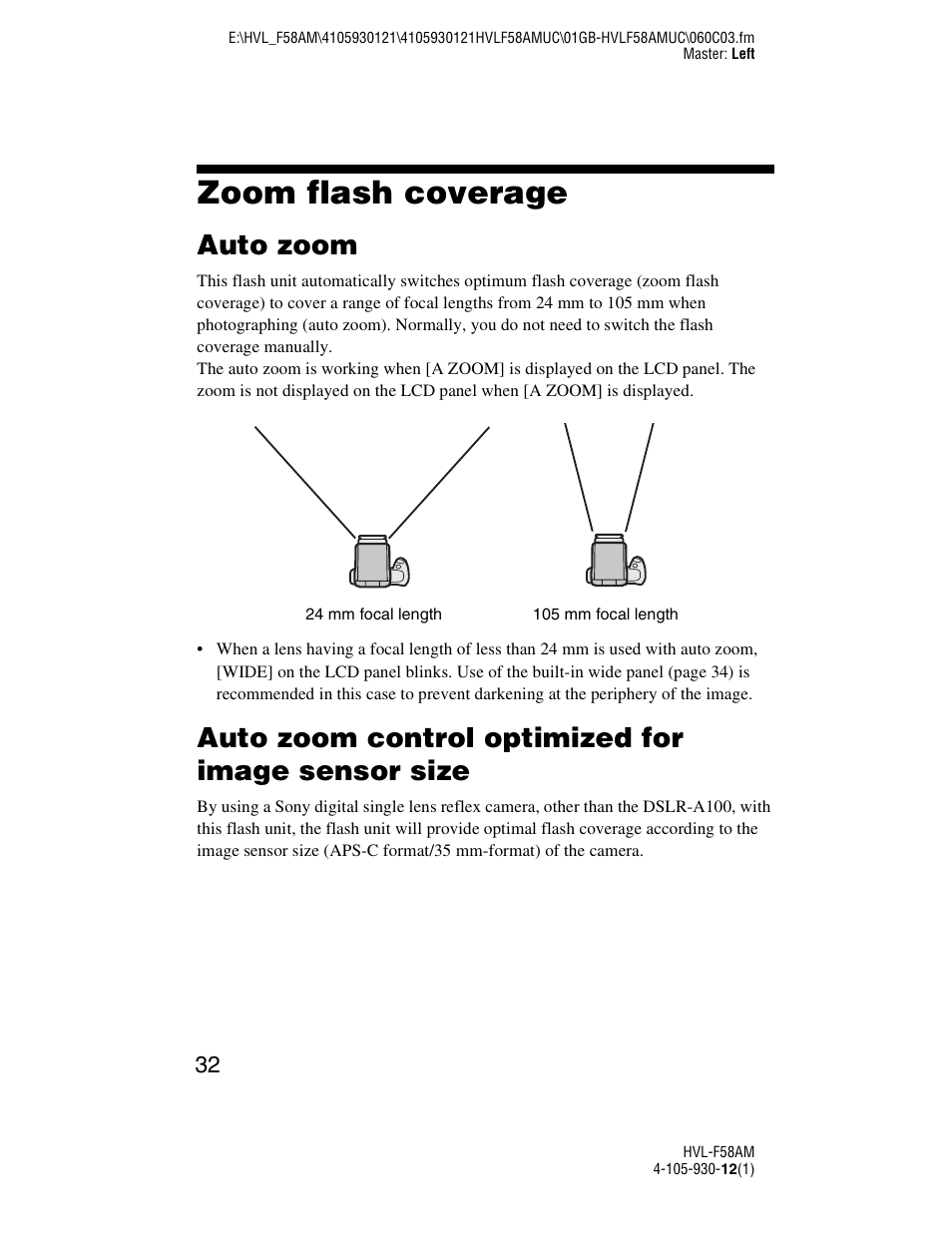 Zoom flash coverage, Auto zoom, Auto zoom control optimized for image sensor size | Sony 4-105-930-12(1) User Manual | Page 32 / 88