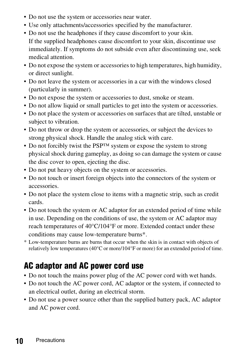 Ac adaptor and ac power cord use | Sony PSP-1006 K User Manual | Page 10 / 268