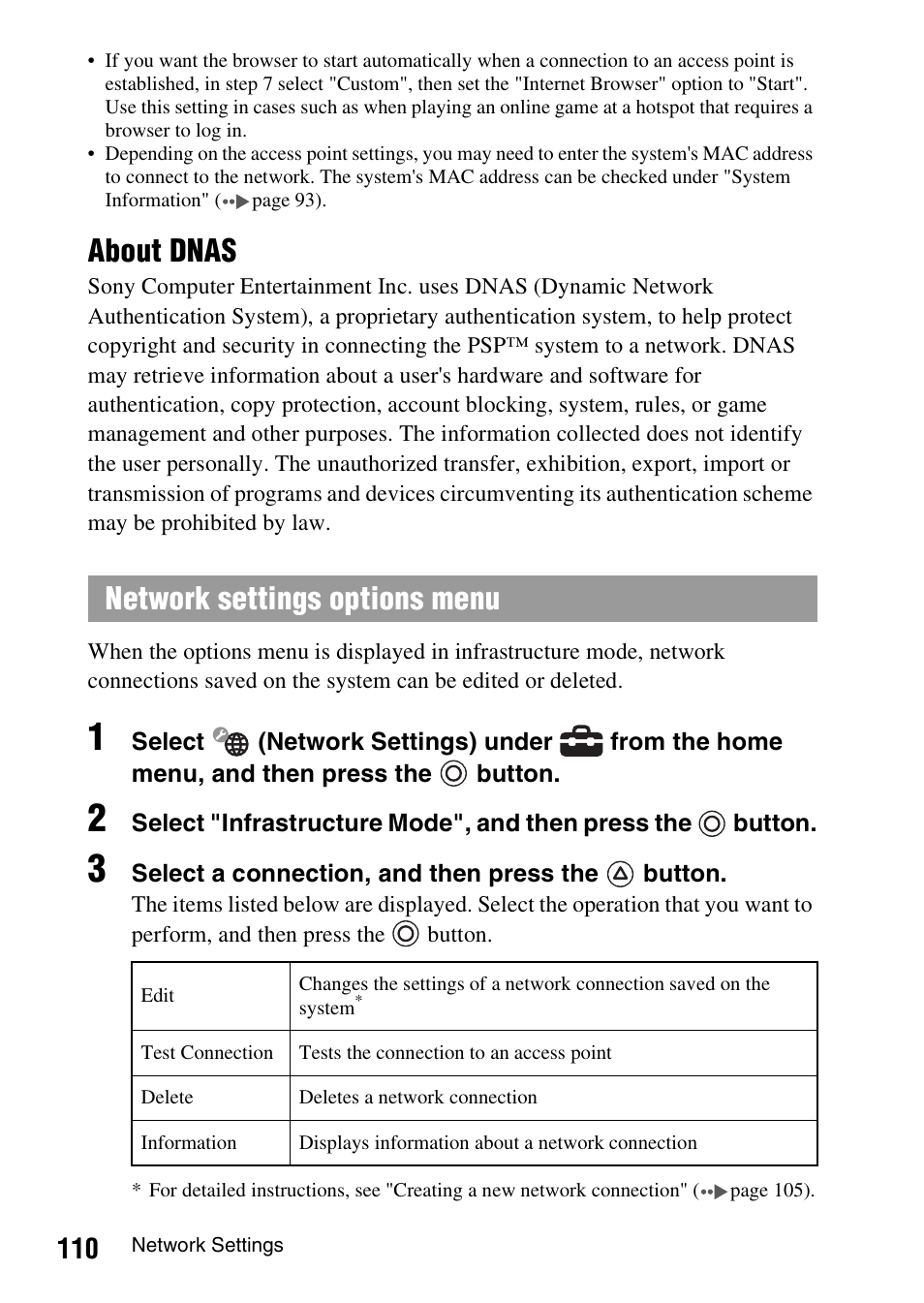 About dnas, Network settings options menu | Sony PSP-1006 K User Manual | Page 110 / 268