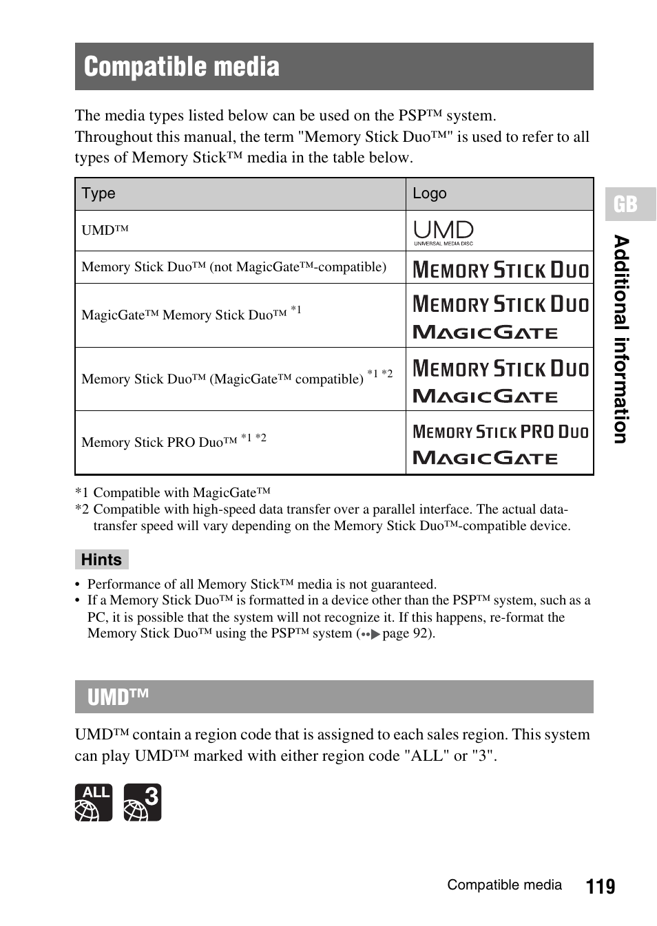 Compatible media, 119 a d ditio n al i n fo rm ati o n | Sony PSP-1006 K User Manual | Page 119 / 268