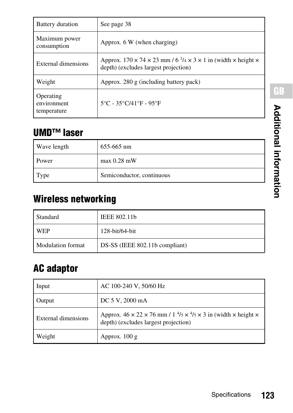 Umd™ laser wireless networking ac adaptor, 123 a d ditio n al i n fo rm ati o n | Sony PSP-1006 K User Manual | Page 123 / 268