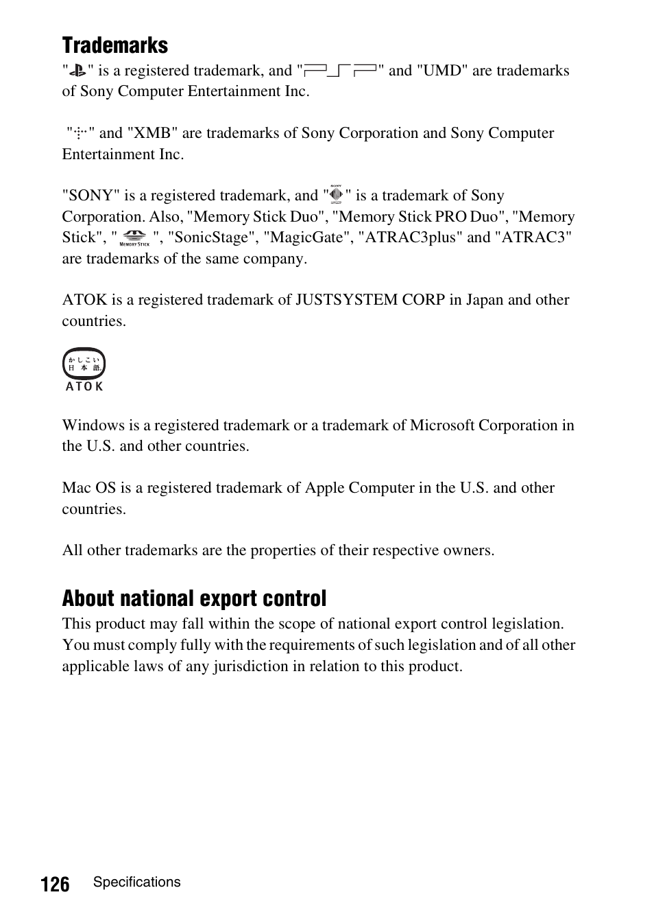 Trademarks, About national export control | Sony PSP-1006 K User Manual | Page 126 / 268