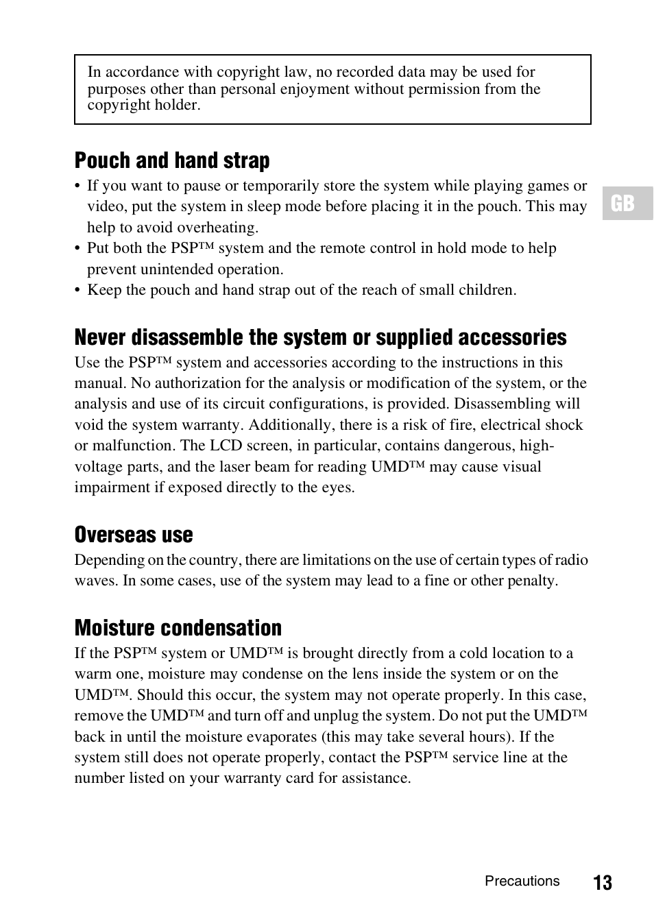 Pouch and hand strap, Overseas use, Moisture condensation | Sony PSP-1006 K User Manual | Page 13 / 268