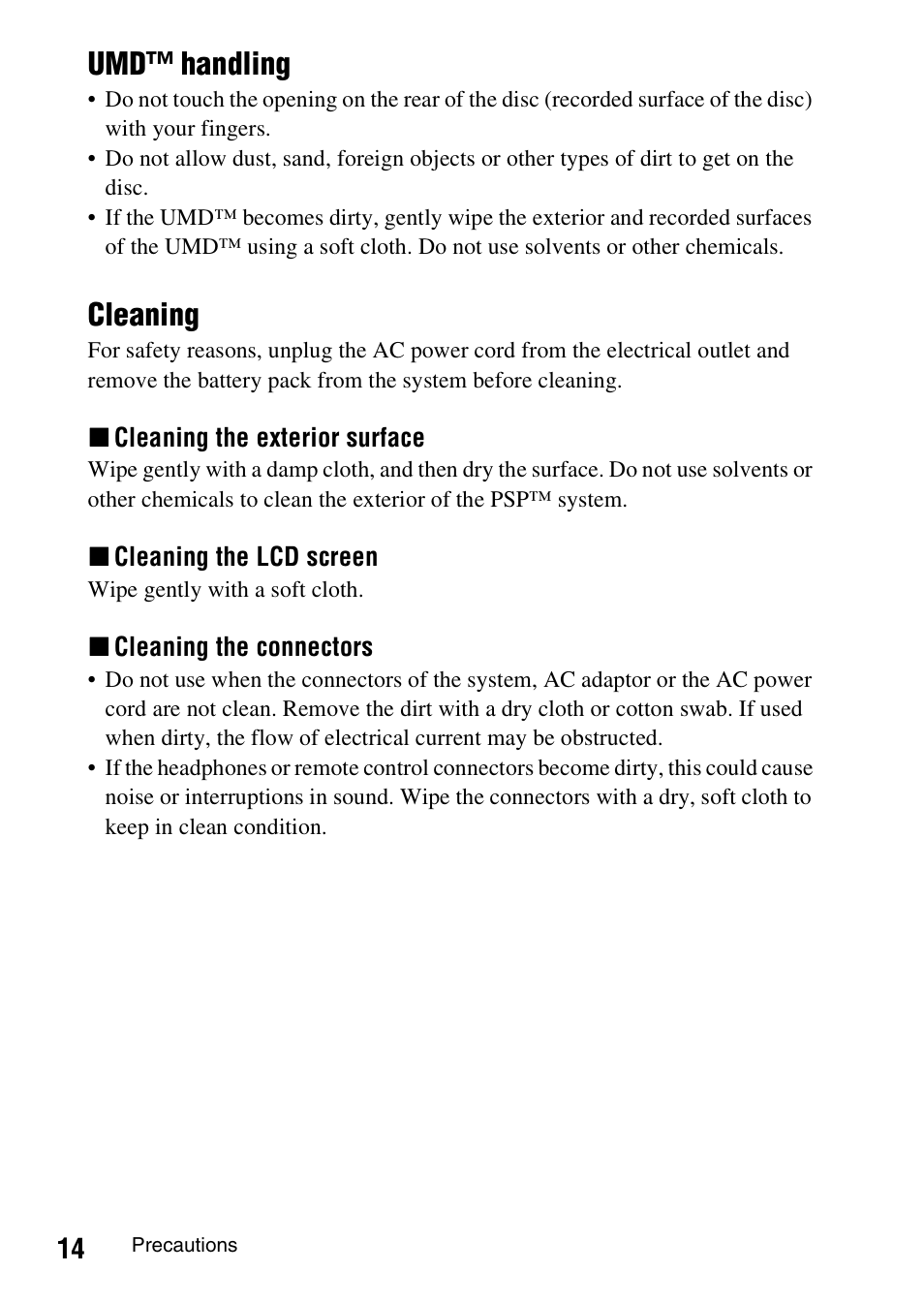 Umd™ handling, Cleaning | Sony PSP-1006 K User Manual | Page 14 / 268