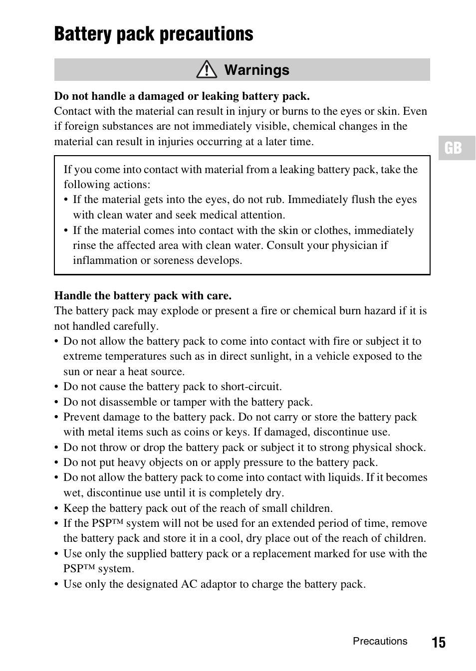 Battery pack precautions, Warnings | Sony PSP-1006 K User Manual | Page 15 / 268