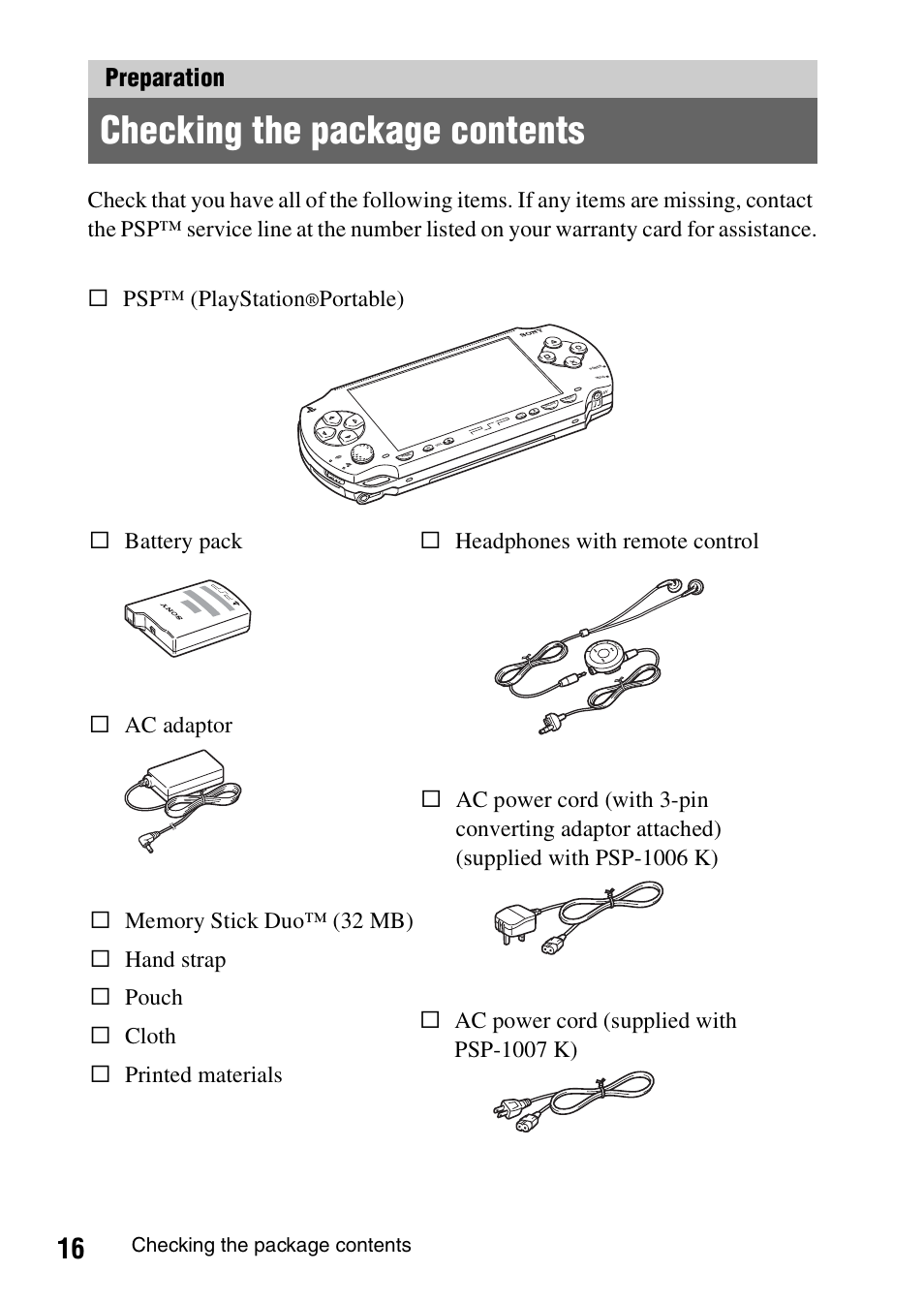 Preparation, Checking the package contents, S battery pack s psp™ (playstation | Sony PSP-1006 K User Manual | Page 16 / 268