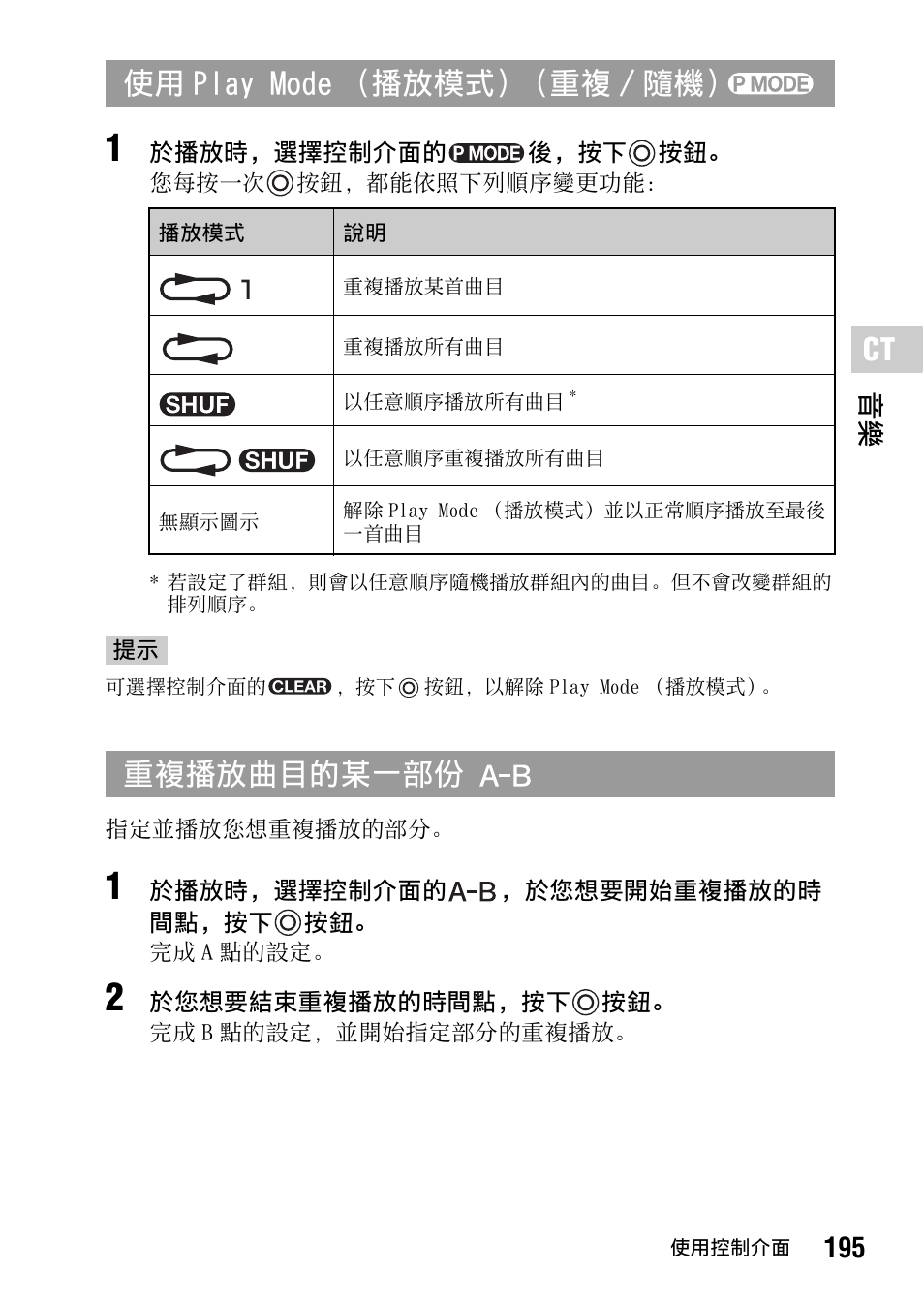 使用 play mode （播放模式）（重複 / 隨機, 重複播放曲目的某一部份, 195 音樂 | Sony PSP-1006 K User Manual | Page 195 / 268