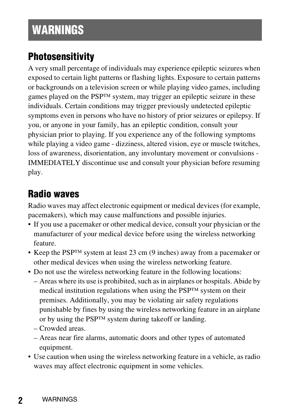 Warnings, Photosensitivity, Radio waves | Sony PSP-1006 K User Manual | Page 2 / 268
