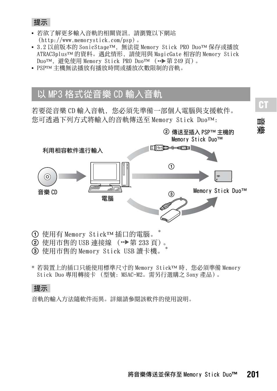 以 mp3 格式從音樂 cd 輸入音軌, 201 音樂 | Sony PSP-1006 K User Manual | Page 201 / 268