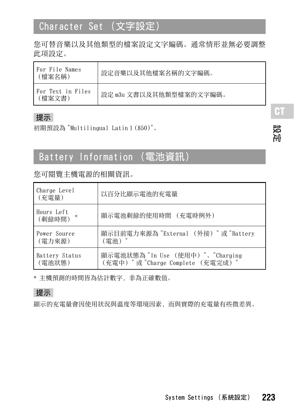 Character set （文字設定, Battery information （電池資訊, 223 設定 | Sony PSP-1006 K User Manual | Page 223 / 268