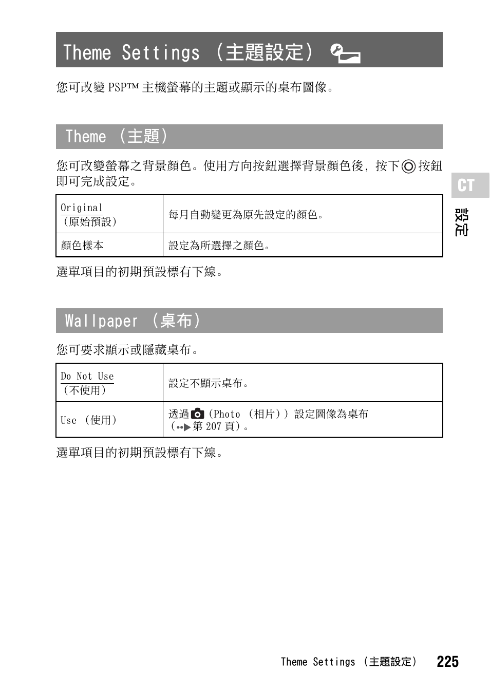 Theme settings （主題設定, 第 225 頁, Theme （主題 | Wallpaper （桌布, 225 設定 | Sony PSP-1006 K User Manual | Page 225 / 268